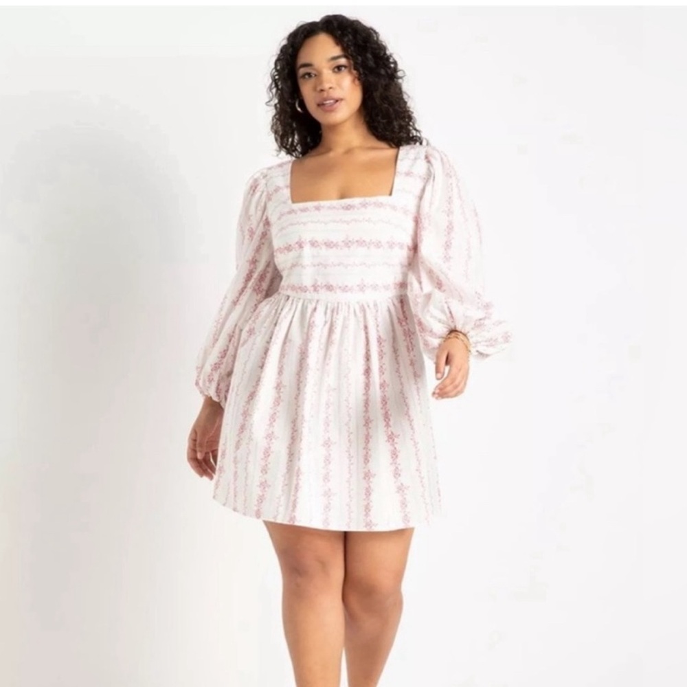 NWOT ELOQUII Tie Back Long Sleeve White & Pink Floral Mini Dress, Size 16